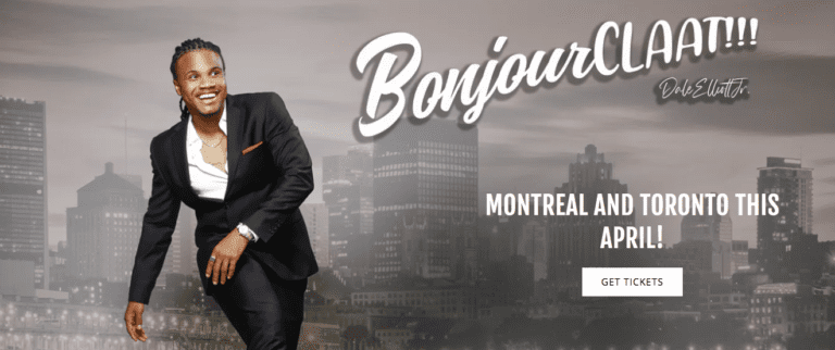 Dale Elliot Dancing in front of a Canadian city skyline for Dale Elliott Jr Standup Comedy Toronto - Jamaican-Comedian-2024-No-Hard-Feelings-Tour