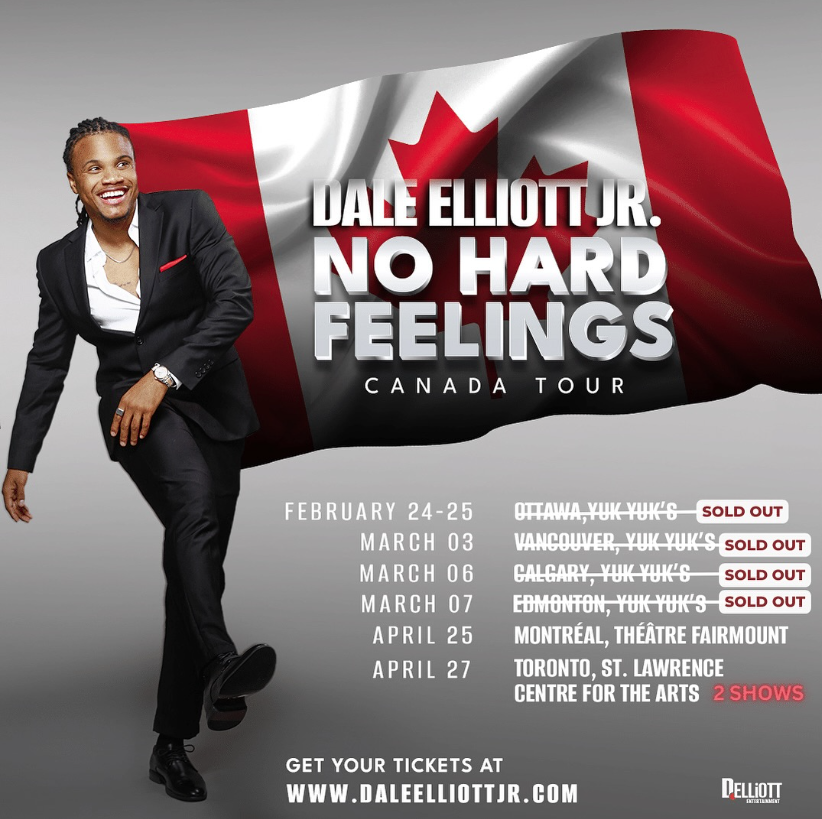 Dale Elliot Dancing in front of a Canada Flag for Dale Elliott Jr Standup Comedy Toronto - Jamaican-Comedian-2024-No-Hard-Feelings-Tour