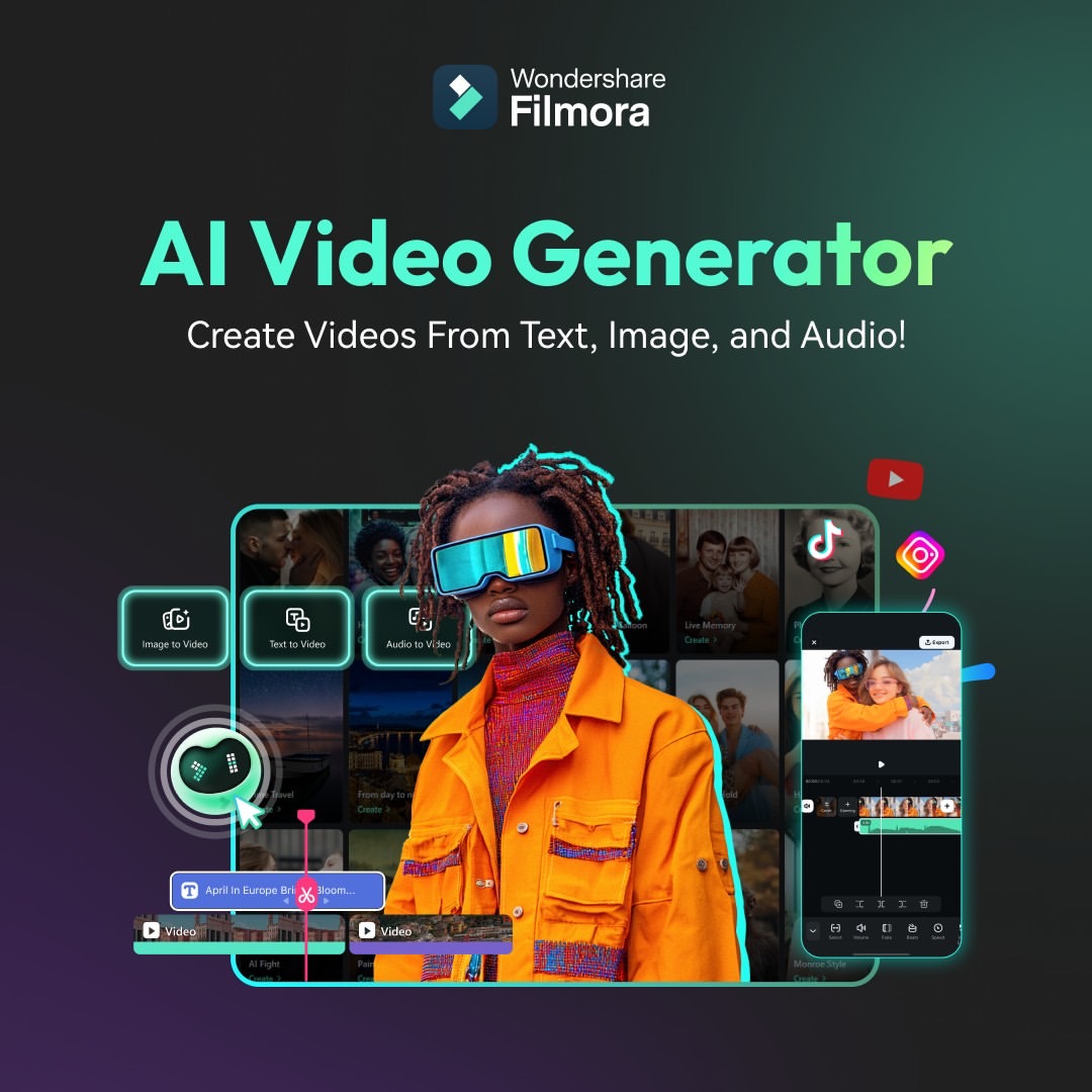 Wondershare Virbo free AI video generator without watermark — create videos from text, images, audio or links