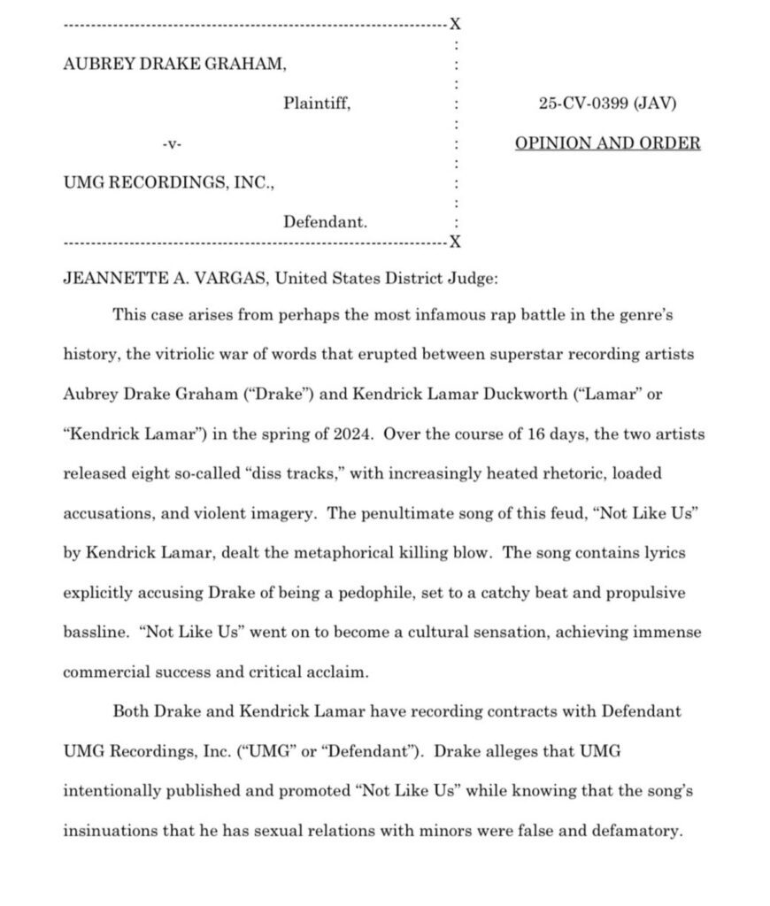 Drake UMG defamation lawsuit dismissed - court documents