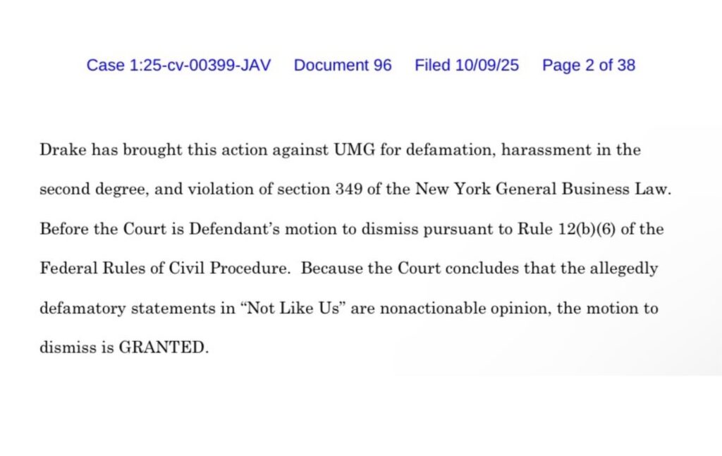 Drake UMG defamation lawsuit dismissed court document p2