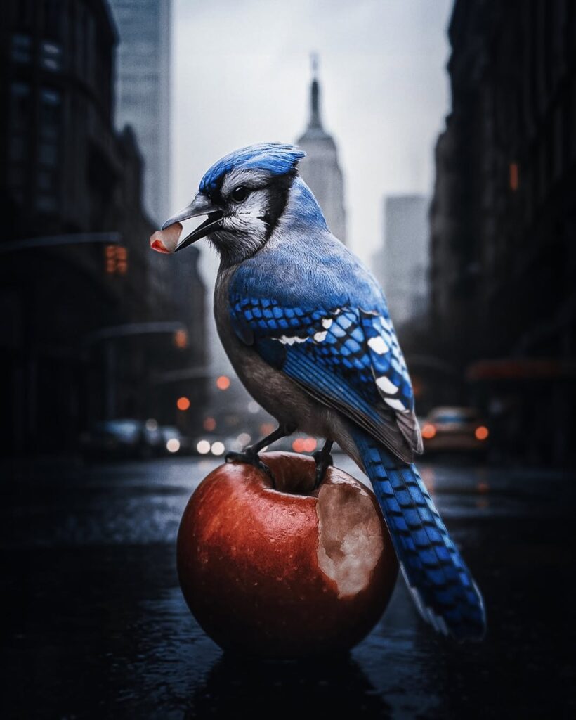 blue jay eating an apple