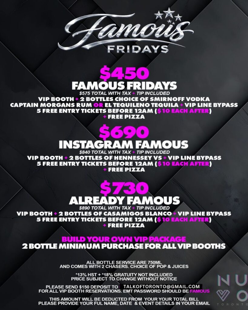 Famous Fridays Nuvo Toronto Bottle Package List