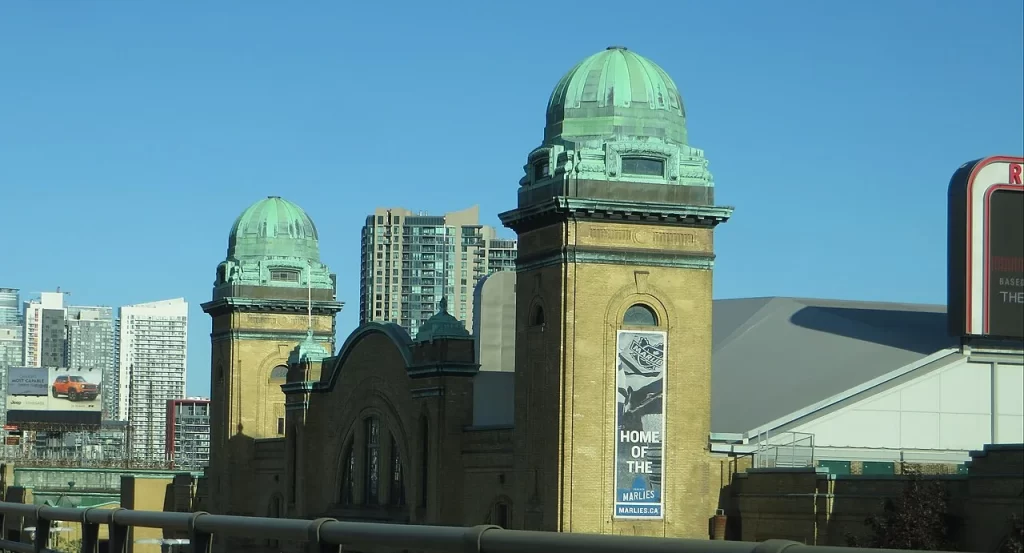 Exterior architecture of Coca-Cola Coliseum at Exhibition Place in Toronto