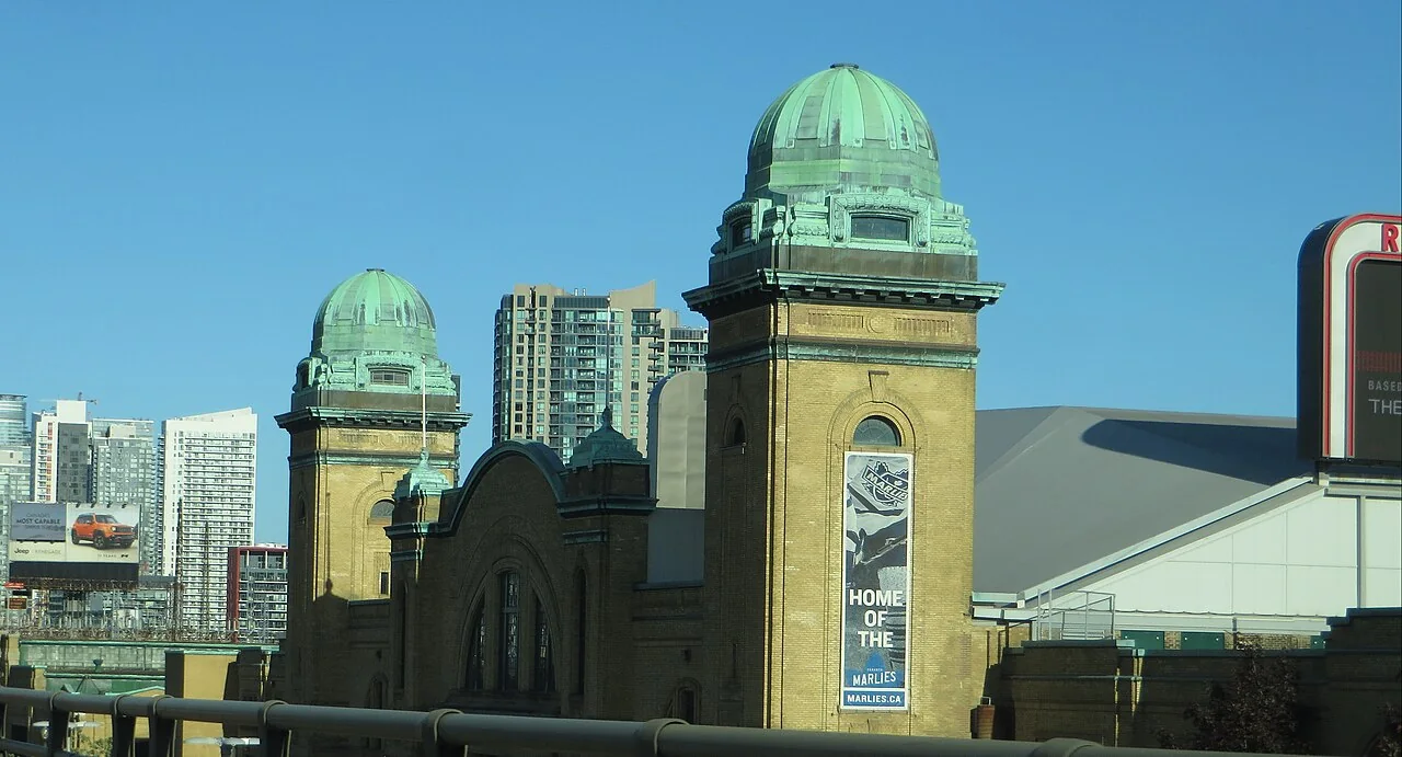 Exterior architecture of Coca-Cola Coliseum at Exhibition Place in Toronto