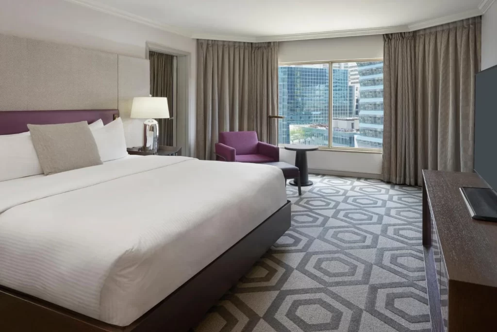 Modern guest room at InterContinental Toronto Centre with downtown Toronto views