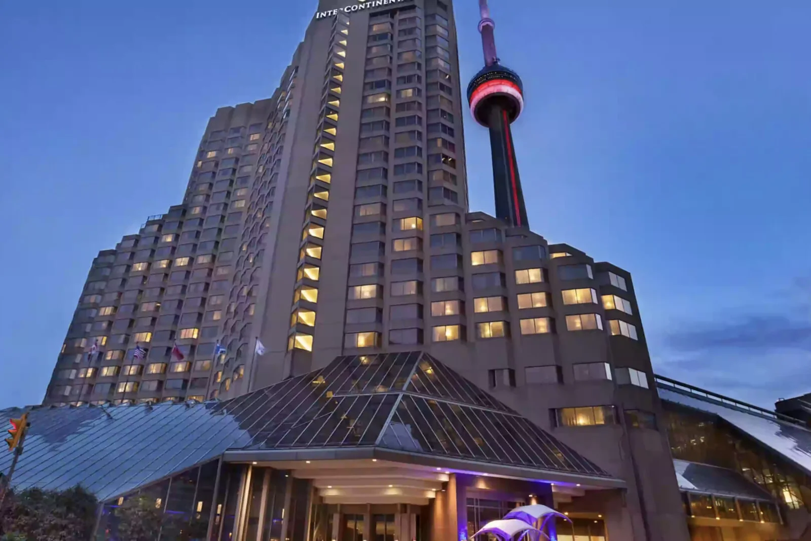 Exterior of InterContinental Toronto Centre with the CN Tower in downtown Toronto