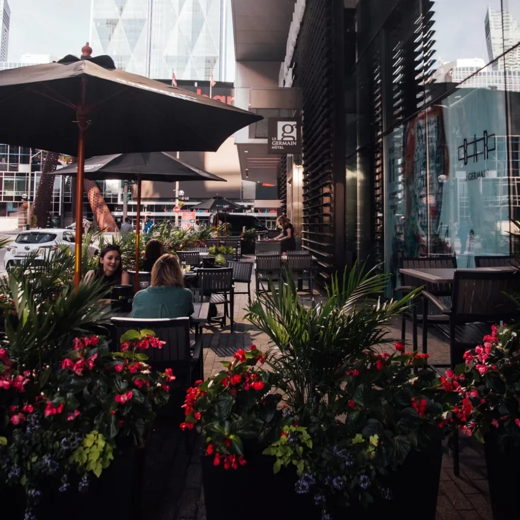 Outdoor patio at Le Germain Hotel Toronto Maple Leaf Square