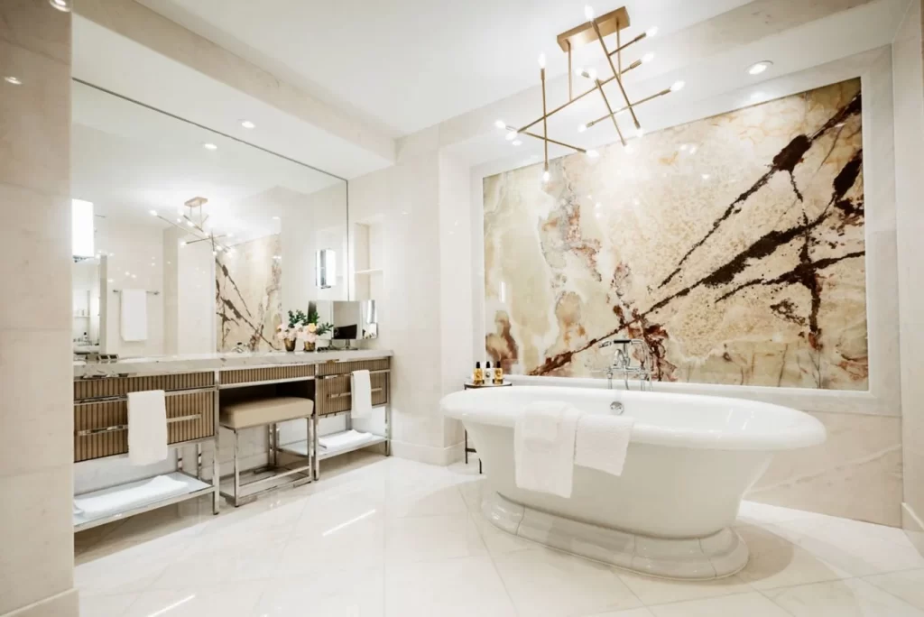 Marble bathroom with freestanding tub at The Ritz-Carlton Toronto