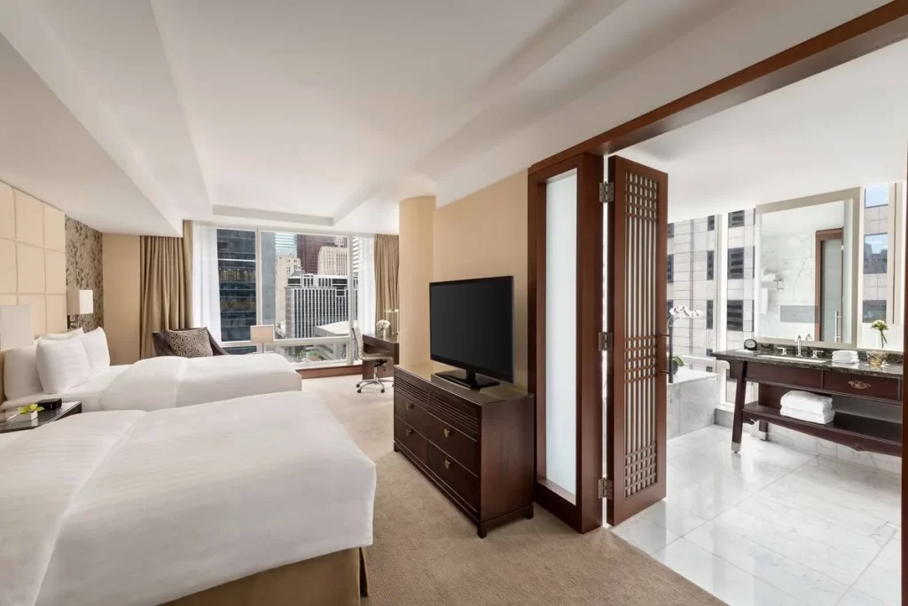Luxury suite interior and bathroom at Shangri-La Toronto