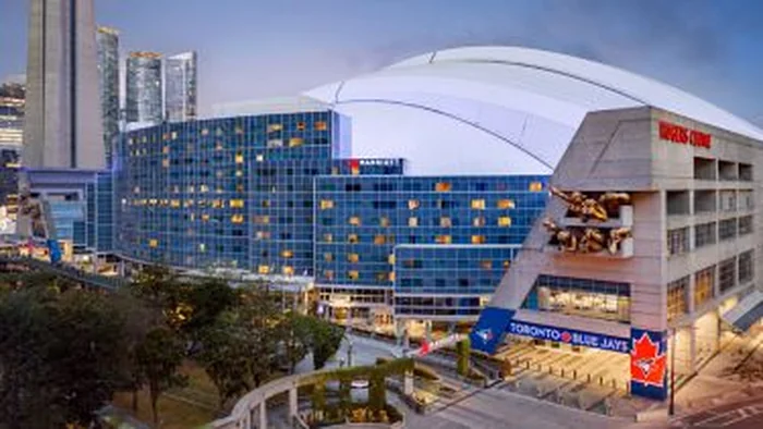Exterior of Toronto Marriott City Centre Hotel beside Rogers Centre